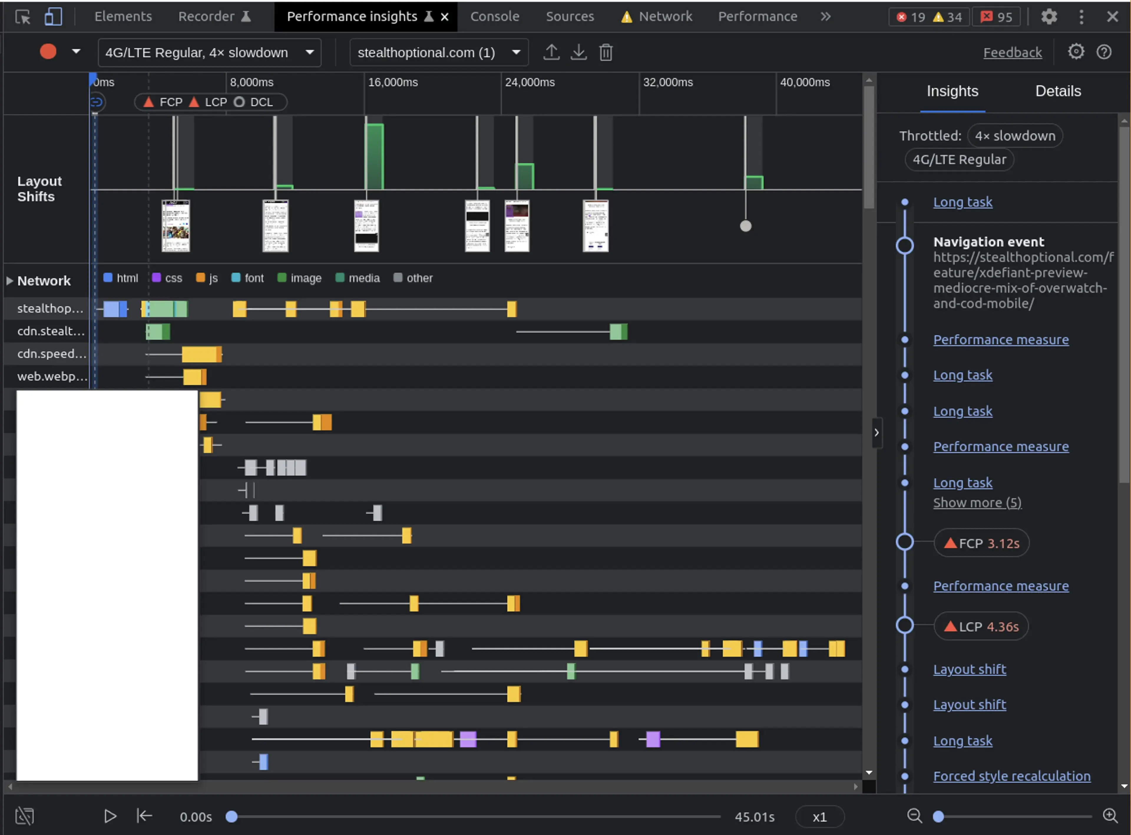 A page load recording using the chrome performance insights panel