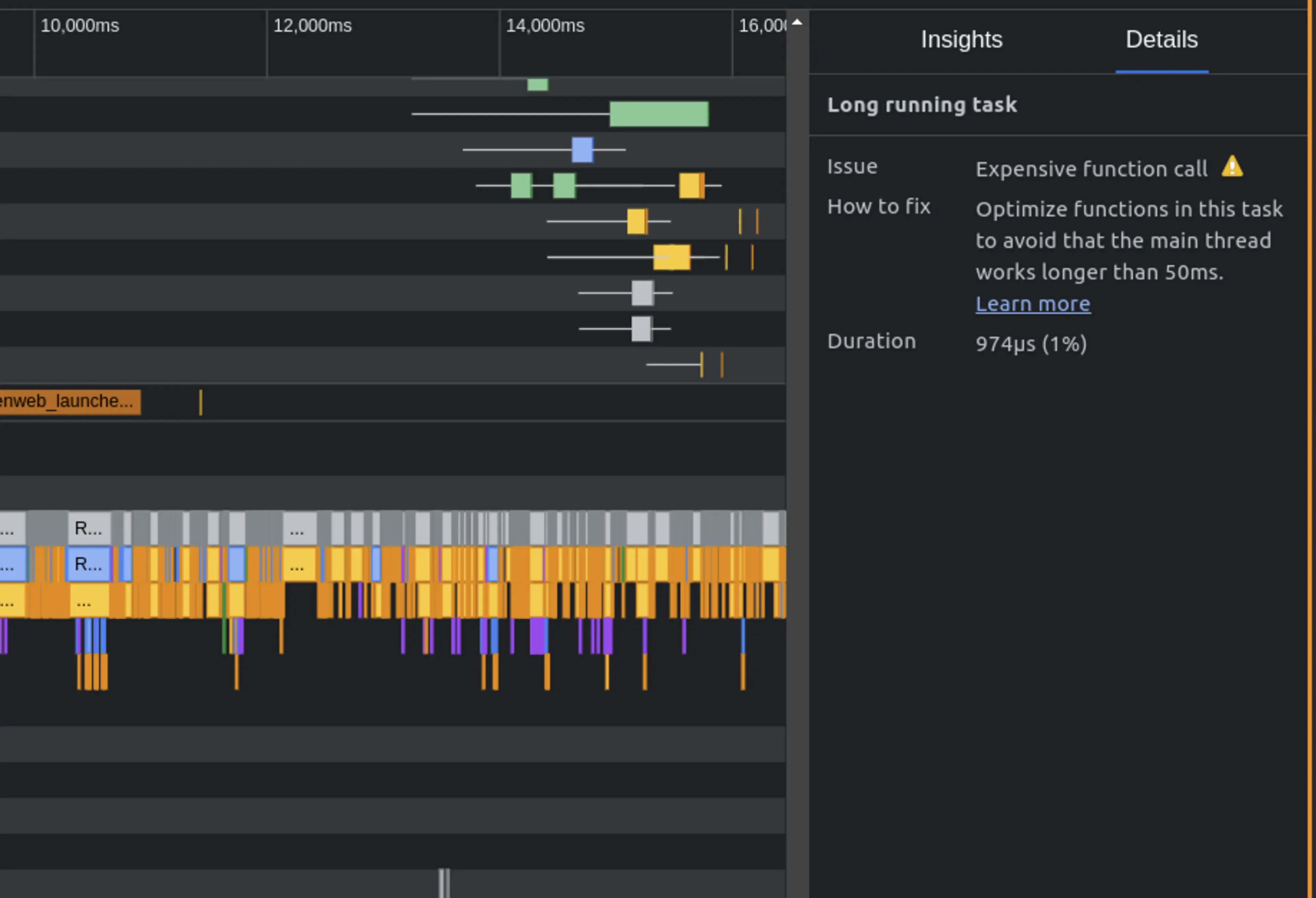 Details of a long-running task in the performance insights panel