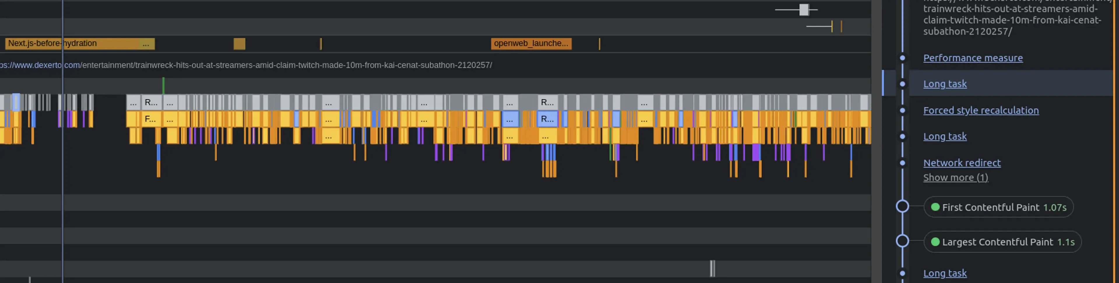 A long JavaScript task shown in the performance insights panel