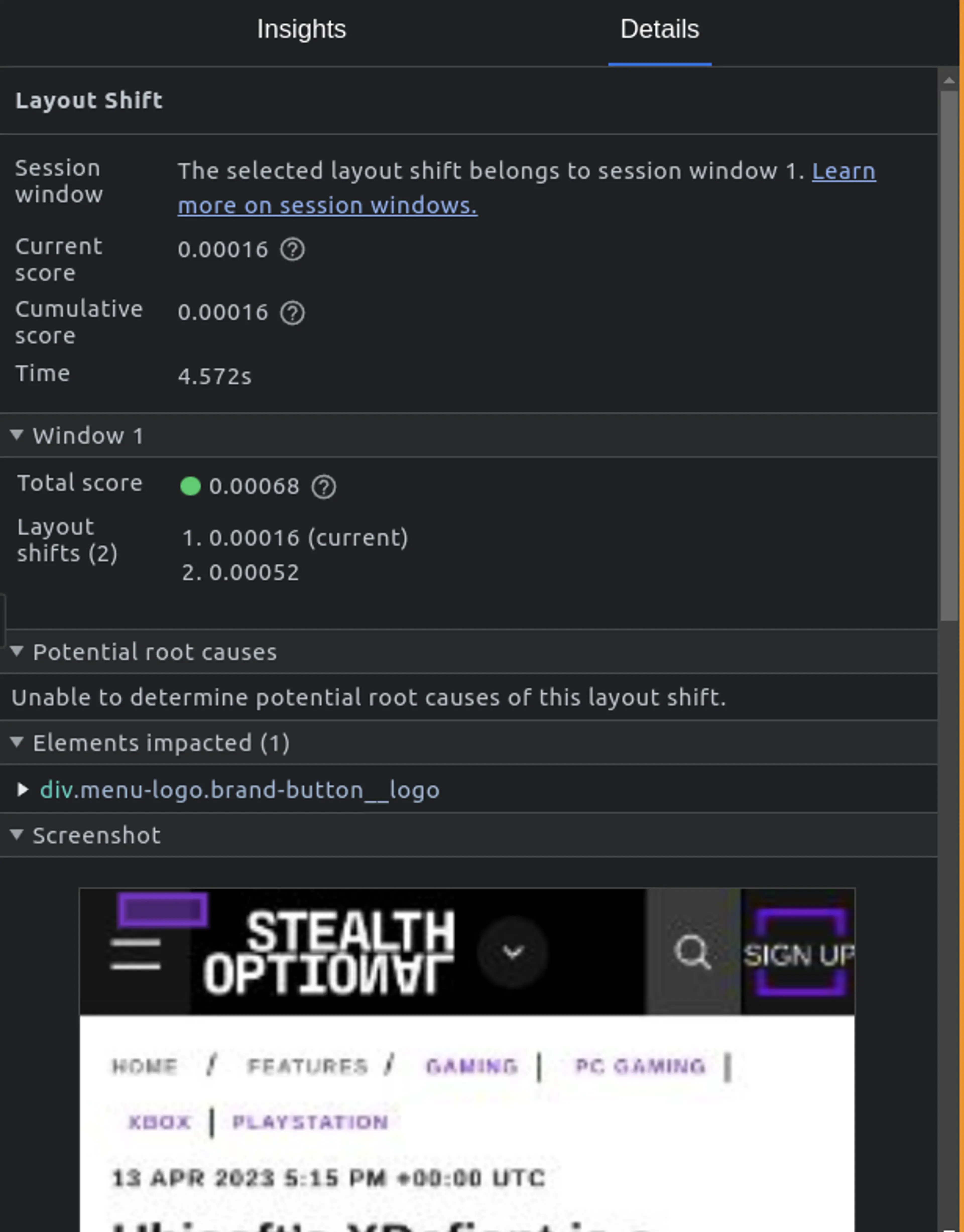 Details being shown about a Layout Shift using the chrome performance insights panel