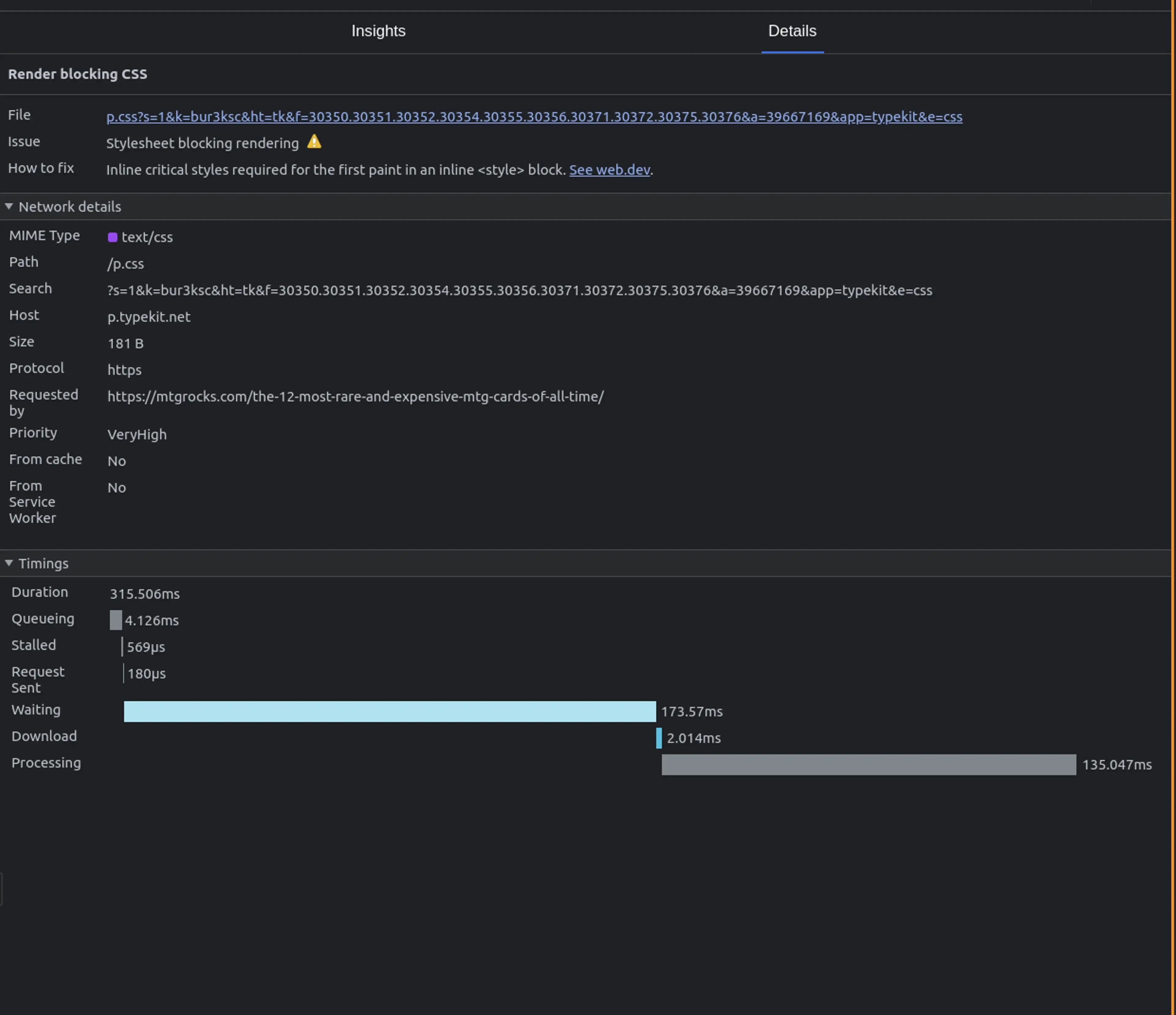 Details of a render blocking CSS request in the chrome performance insights panel